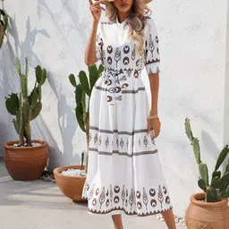 all about you Women Ethnic Print Mandarin Collar A-Line Midi Dress-picture-15