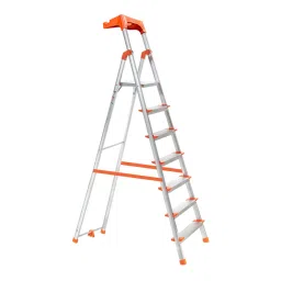 Pro Home 7 Steps Aluminium Ladder Front Step 210 cm Load Capacity 250 Kg With Platform & Tool Tray Orange-5
