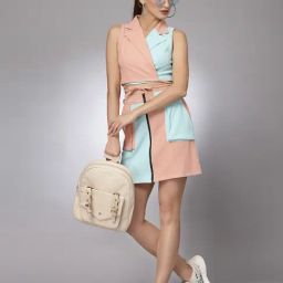 KASSUALLY Peach & Blue Color-Block Cropped Blazer image 4
