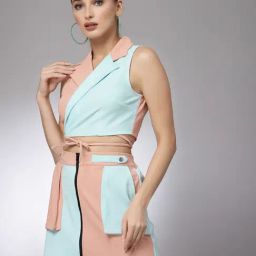 KASSUALLY Peach & Blue Color-Block Cropped Blazer image 3