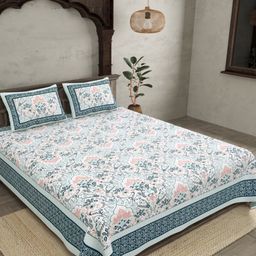 JAIPUR FABRIC Blue & White Ethnic Motifs Cotton 180TC Double King Bedsheet Set-2.74mx2.28m-picture-2