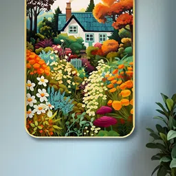 Livin'luxe Green & Yellow House Garden Printed Wooden Wall Painting-picture-0