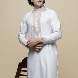 MAAHI FABS Floral Yoke Design Thread Work Mandarin Collar Cotton Silk Straight Kurta-37