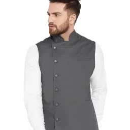 Hypernation Dark Grey Sleeveless Cotton Slim Fit Waistcoat-image-92