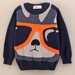Simply Full Sleeves Knit Sweater Animal Face Design- Navy Blue-image-42