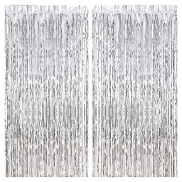Bubble Trouble Metallic Foil Solid Fringe Curtains Pack of 3 - Silver-11
