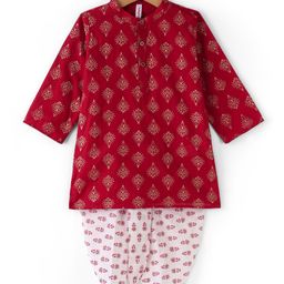 Babyhug Cotton Woven Full Sleeves Hand Block Printed Kurta & Dhoti Set - Red & White-2