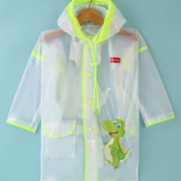 Babyhug Full Sleeves Below Knee Length Dino Box Kids Hooded Raincoat - White & Green-image-85