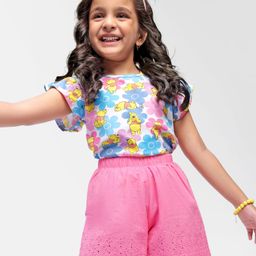 Babyhug Disney Single Jersey Knit Half Sleeves Top & Shorts Set with Floral & Winnie The Pooh Print - Multicolour-picture-5