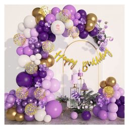 Bubble Trouble 55 Pc Birthday Decoration item Birthday Banner Metallic Pastel Balloons Confetti Chrome Balloons along with Glue Dot Roll Arch Roll & Hook| Happy Birthday Decorations combo (Purple White)-image-4