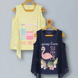 Plum Tree Pack Of 2 Sleeveless  Flamingo & Bottle  Printed Cotton Tops With Attached Shrug - Yellow And Blue-picture-48