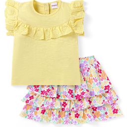 Babyhug Single Jersey Knit Frill Sleeves Solid Colour Top & Floral Printed Layered Skirt - Yellow-image-91