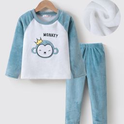 Kookie Kids Full Sleeves Winter Wear Night Suit with Monkey Embroidery - Blue & White-image-97