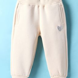 Little Kangaroos Cotton Full Length Fleece Pant Heart Print - Beige-image-3