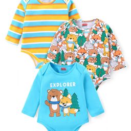 Babyhug 100% Cotton Knit Full Sleeves Onesies with Striped & Animal Print Pack of 3 - Blue White& Green-image-4