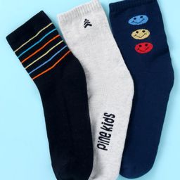 Pine Kids Cotton Nylon Knit Ankle Length Socks Stripes Text Embroidery & Smile Design Pack of 3 - Black & Gray-image-93