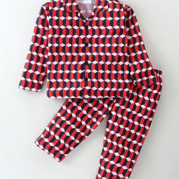 Ollypop Sinker Knit Full Sleeves Front Open Night Suit with Block Print - Red-image-86