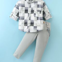 Rikidoos Full Sleeves CheckedShirt With Solid Pant Bow & Suspender - White & Pista Green-picture-33
