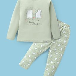 Teddy Sinker Knit Full Sleeves Night Suit With Biscuits Print - Olive Green-image-33