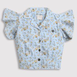 Tiny Girl Flutter Sleeves Floral Printed Top - Blue-image-51