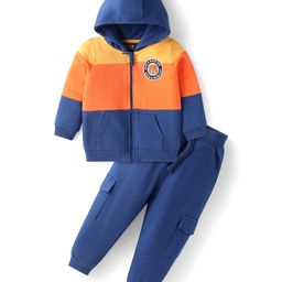 Babyhug Terry Knit Full Sleeves Hooded Sweatjacket & Lounge Pant Set With Bear Patch - Blue-image-72