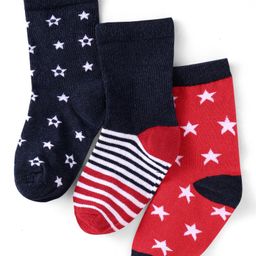 Cute Walk by Babyhug Cotton Knit Anti-Bacterial Ankle Length Stars & Stripe Designed Socks Pack of 3 - Red & Navy Blue-picture-2