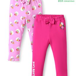 Babyoye 100% Cotton Knit With Eco Jiva Finish Full Length Leggings With Floral Print & Bow Applique Pack of 2 - Dark & Light Pink-image-97