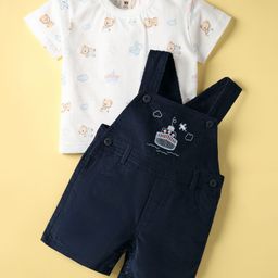ToffyHouse Cotton Knit Dungaree & Half Sleeves T-Shirt With Toys Print & Embroidery - Navy Blue & White-image-90