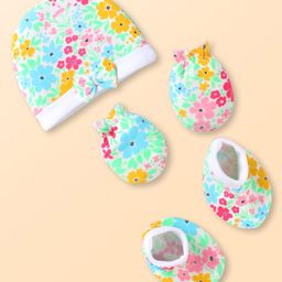 Babyhug 100% Cotton Knit Cap Mittens & Booties with Floral Print - Sky Blue-image-101