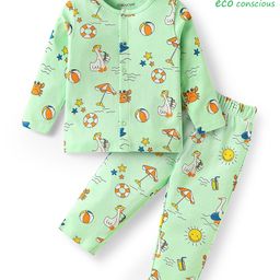 Babyoye 100% Cotton Full Sleeves Eco Jiva Finish Front Open Co-ords Night Suit with Beach Theme Print - Light Green-picture-39