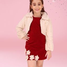 Cutecumber Velvet Floral Applique Detailed & Shimmered Dress With Full Sleeves Jacket - Maroon-image-41