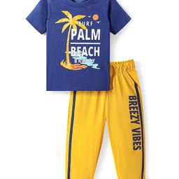 Honeyhap Premium Cotton Knit Half Sleeves Bio Finish Night Suit with Beach Theme Print - Limoges & Old Gold-image-46