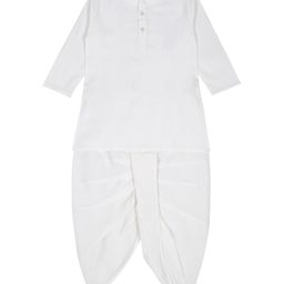 Little Ginnie Cotton Full Sleeves Solid Kurta & Dhoti Set - White-image-96