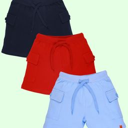 Kiddopanti Cotton Pack Of 3 Solid Cargo Shorts - Navy Blue Red & Light Blue-image-46