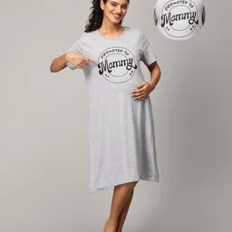 The Mom Store Half Sleeves Promoted To Mummy Text Printed Oversized Maternity Dress - Grey-picture-38