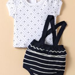 ToffyHouse Cotton Knit Striped Dungaree & Half Sleeves T-Shirt With Heart & Polka Dot Print - Navy Blue & White-picture-2