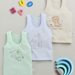 BUMZEE Cotton Knit Sleeveless Vests With Animal Print Pack Of 3 - Beige Light Green & Lilac-image-92