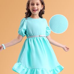 Hola Bonita Knit Half Puffed Sleeves Solid Color Dress with Belt - Aqua Blue-image-15