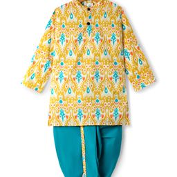 TEENTAARE Cotton Woven Mandarin Collar Dhoti Kurta Set With Floral Print - Yellow & Teal Blue-image-3