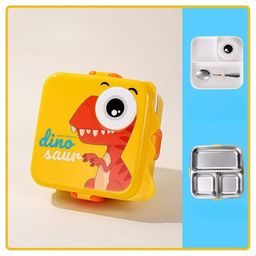 KIDS BASIC Cute Dinosaur Cartoon Lunch Box for Kids , Double Layer Box, Stainless Steel Inner With Steel Spoon , 3 Compartments Yellow-12