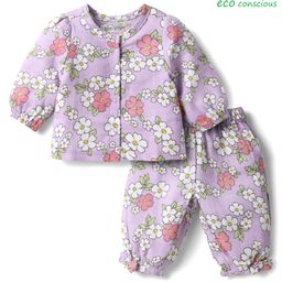 Babyoye 100% Cotton Knit Front Open Full Sleeves Co-ords Night Suit With Floral Print - Lilac-image-118