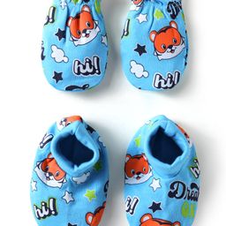 Babyhug 100% Cotton Knit Mittens and Booties Animal Print - Light Blue-image-46