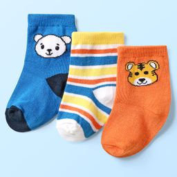 Cute Walk By Babyhug Knit Ankle Length Anti Bacterial Socks With Stripes & Animal Design Pack of 3 - Orange White & Blue-image-78
