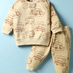 Zero Fleece Knit Full Sleeves Co-ords Winter Wear Sweatshirt & Lounge Pant Set with Vehicle Print - Cream-picture-30
