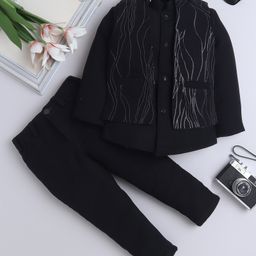 Fourfolds Woven Full Sleeves Solid Sherwani & Pant With Abstract Designed Jacket Set - Black-picture-49