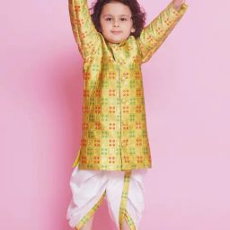 Little Bansi Kids Green & White Self Design Full Sleeves Sherwani with Dhoti-image-38
