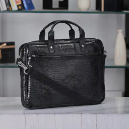 Louis Stitch Jet Black Textured Leather Medium Laptop Messenger Bag-14