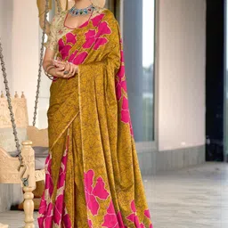 Olive Soft Cotton Block Print Saree with Unstitched Blouse Piece-23