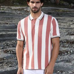 Campus Sutra White & Red Regular Fit Striped Polo T-Shirt-13