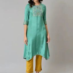W Marine Green Embroidered A Line Kurta-10